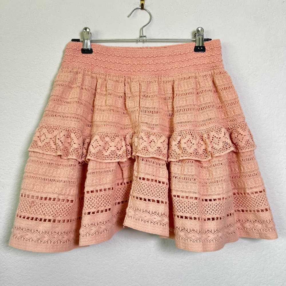 Aerie Crochet Lace Mini Skirt XS Peach Pink Women Boho Cottagecore Tiered Ruffle